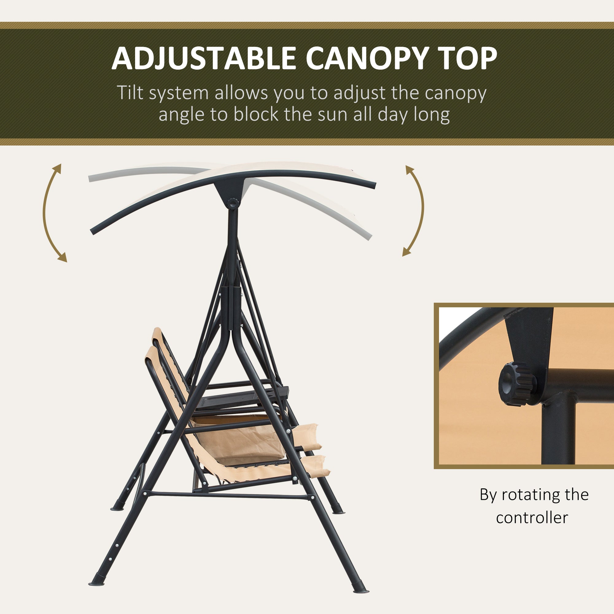 Outsunny 2 Person Covered Porch Swing Patio Swing with Pivot Storage Table, Cup Holder, & Adjustable Overhead Canopy, Beige