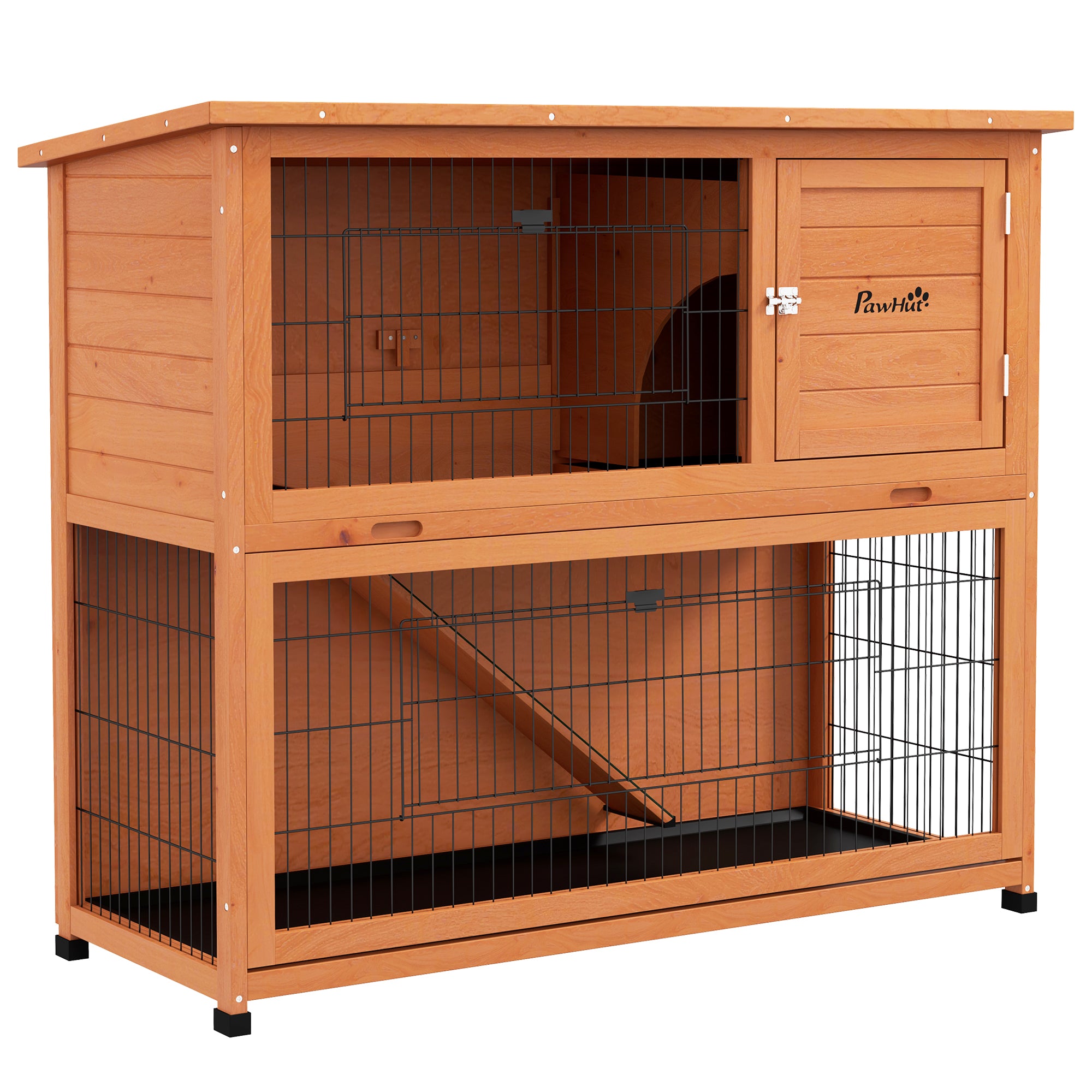 PawHut Wooden Rabbit Hutch with Trays, Ramp, Asphalt Roof, Doors for 1-2 Rabbits, 47" x 20" x 40", Orange