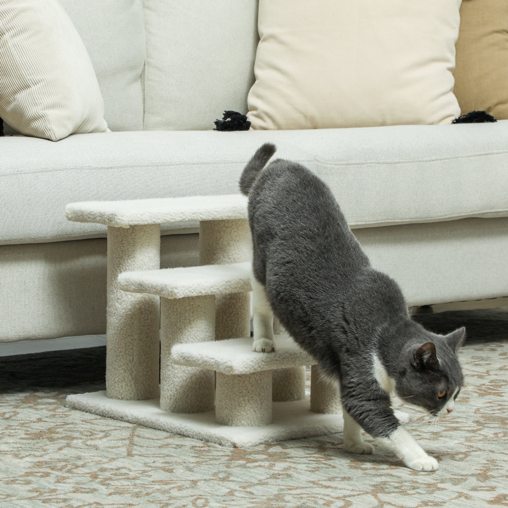 PawHut 18" 3 Tier Pet Stairs Dog Cat Step Scratch Post Furniture, Beige