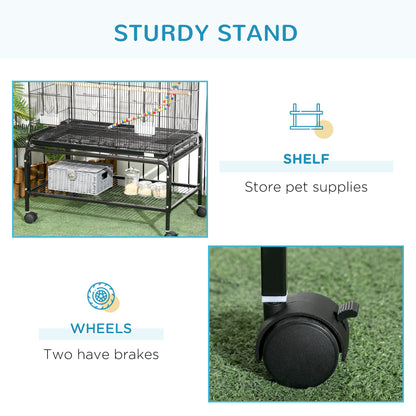 PawHut 52" Bird Cage with Rolling Stand, Toys, for Budgies Canaries Black