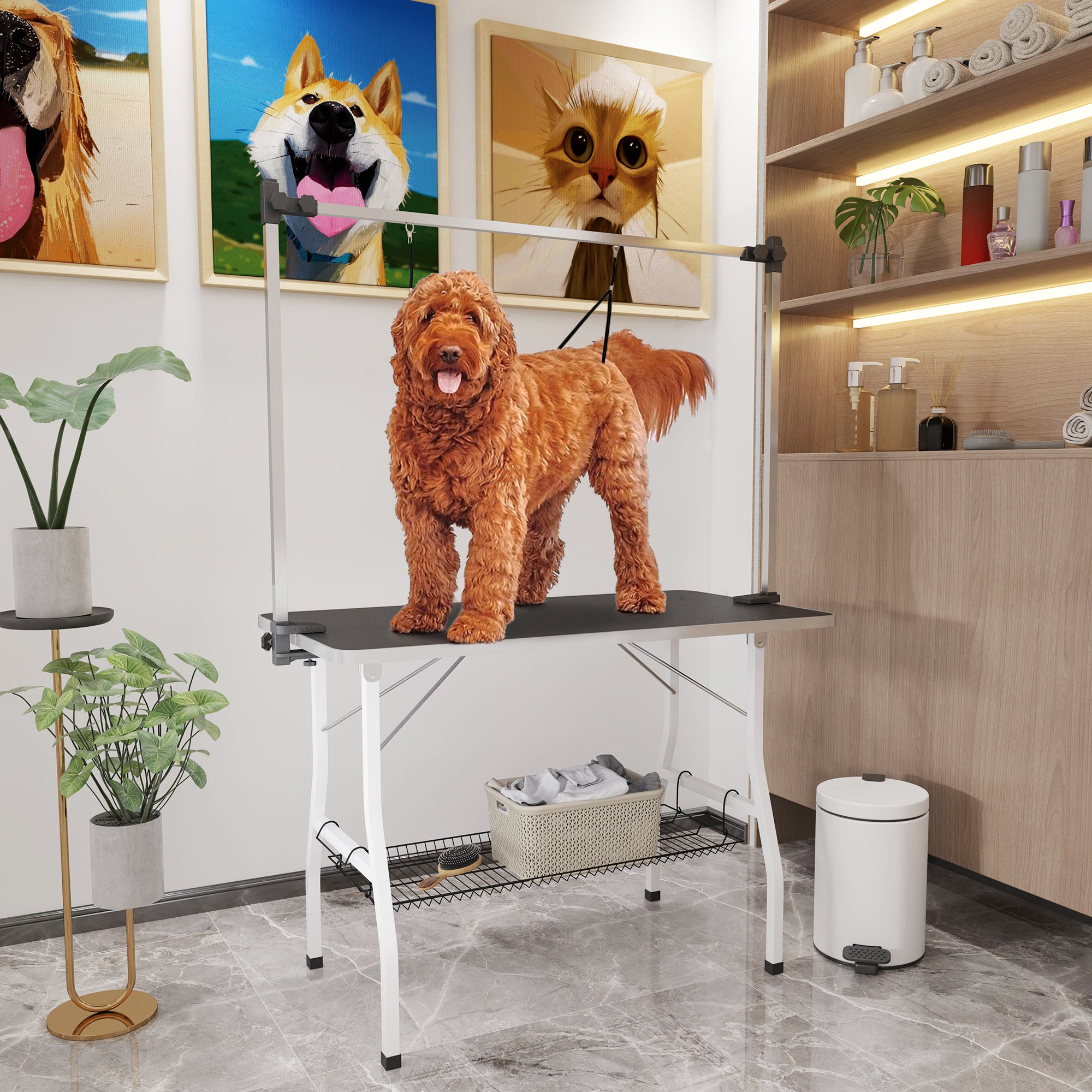 PawHut Foldable Dog Grooming Table with Adjustable Grooming Arms, Storage Shelf, Two Nooses, 42" x 24" x 61", Black