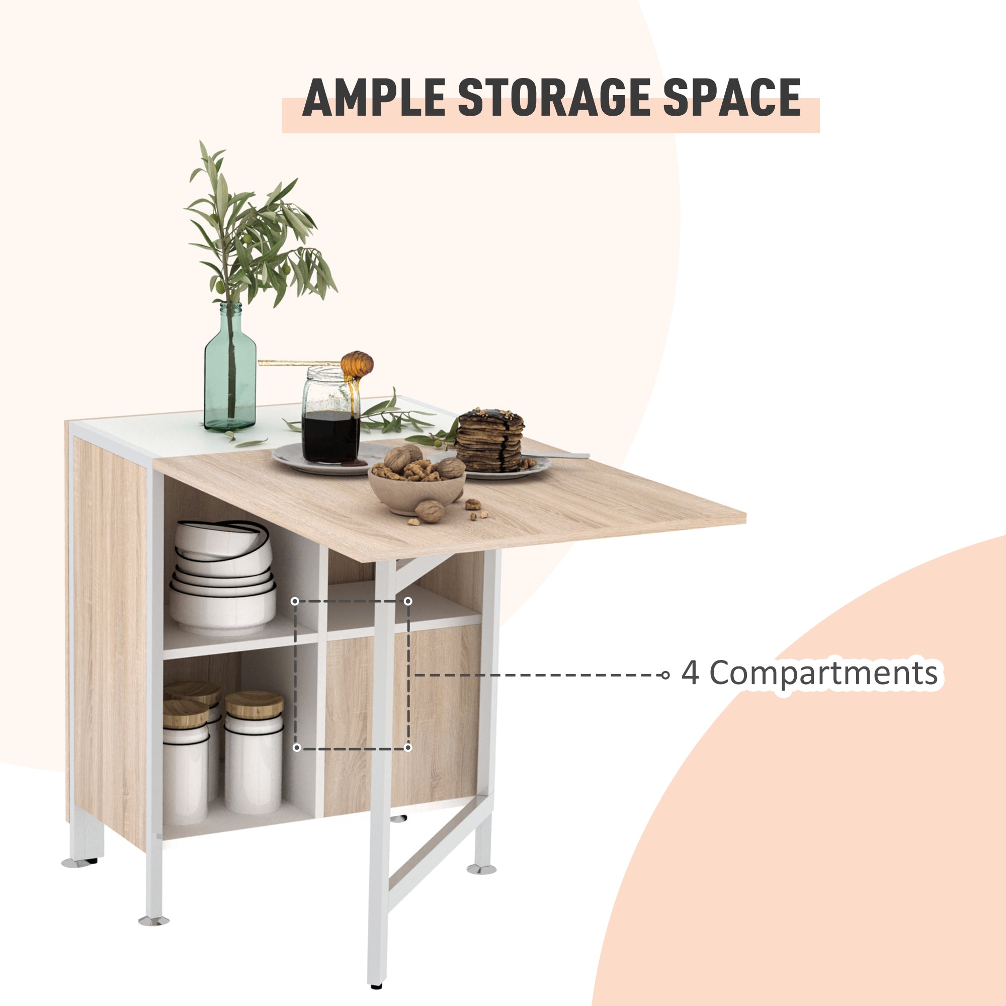 HOMCOM Multi-use Space Saving Folding Dining Table with Hideaway Shelves for Kitchen, Dining, Study and Office