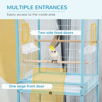 PawHut 55.1" 2 In 1 Bird Cage Aviary Parakeet House for finches, budgies with Wheels, Slide-out Trays, Wood Perch, Food Containers, Light Blue