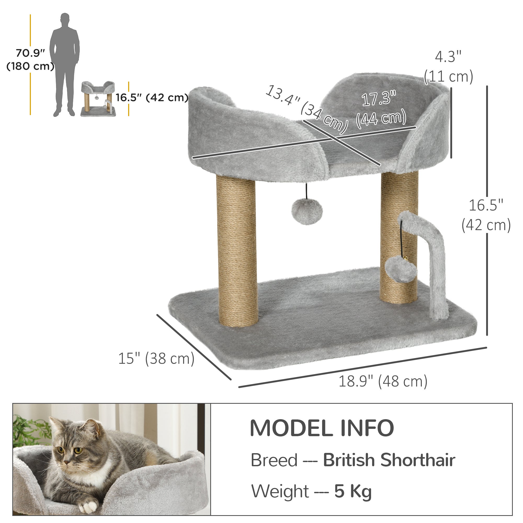 PawHut Cat Tower Condo for Indoor Cats, Small Cat Tree with Jute Scratching Posts, Top Perch, Dangling Balls, Light Grey