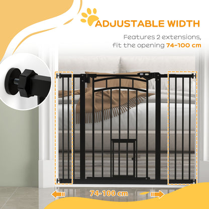 PawHut Auto-Close Pet Gate, Stair Gate with Cat Door, Double Locking for Doorways Hallways Stairs, Fits 29"-39.4" Wide, Black
