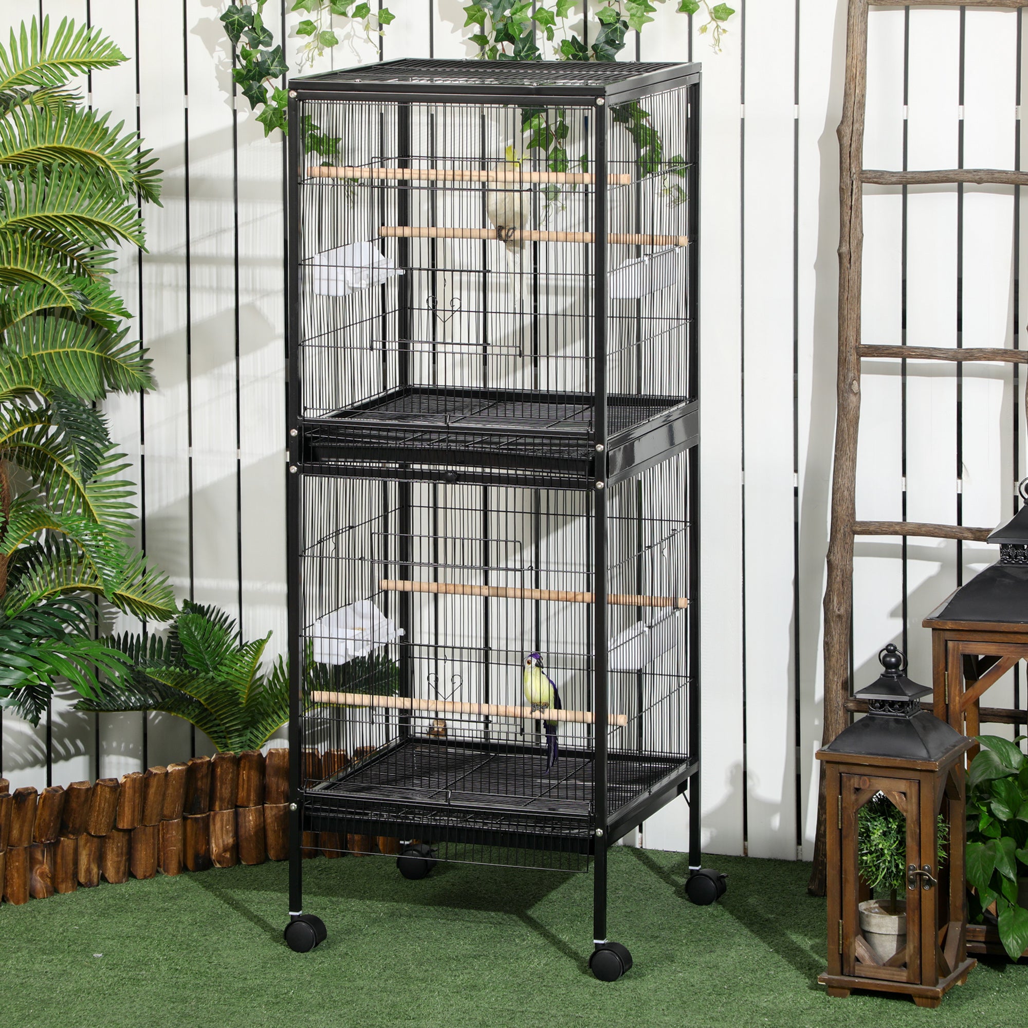 PawHut 55.1" 2 In 1 Bird Cage Aviary Parakeet House for finches, budgies with Wheels, Slide-out Trays, Wood Perch, Food Containers, Black
