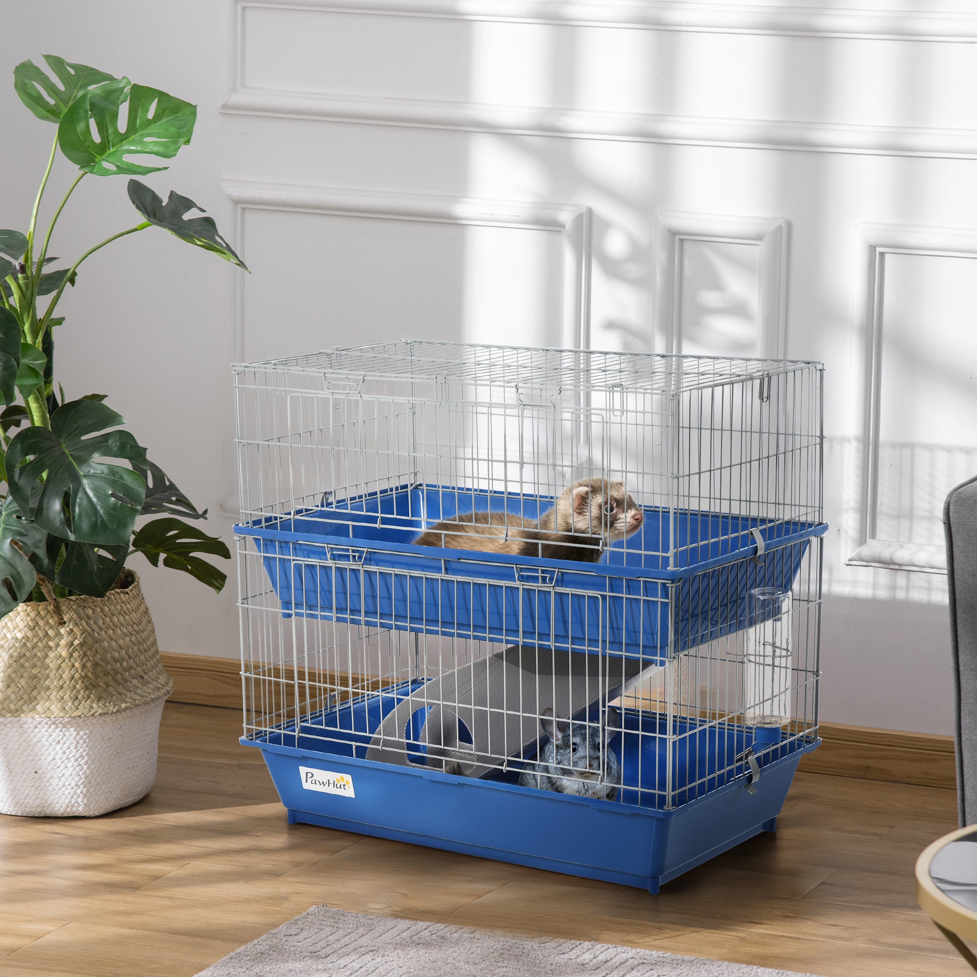 PawHut Metal Small Animal Cage, 2-Tier Guinea Pig Cage with 2 Doors, Platforms, Wide Ramp, Dish and Bottle, Deep Base, for Ferrets, Chinchillas, Bunnies, Blue