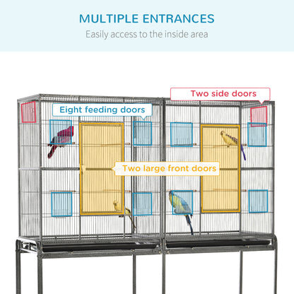 PawHut 64" Extra Large Bird Cage, Rolling Metal Parrot Cage, Bird House with Detachable Rolling Stand, Storage Shelf, Wood Perch, Food Container, 62.8" x 18.9" x 64.2"
