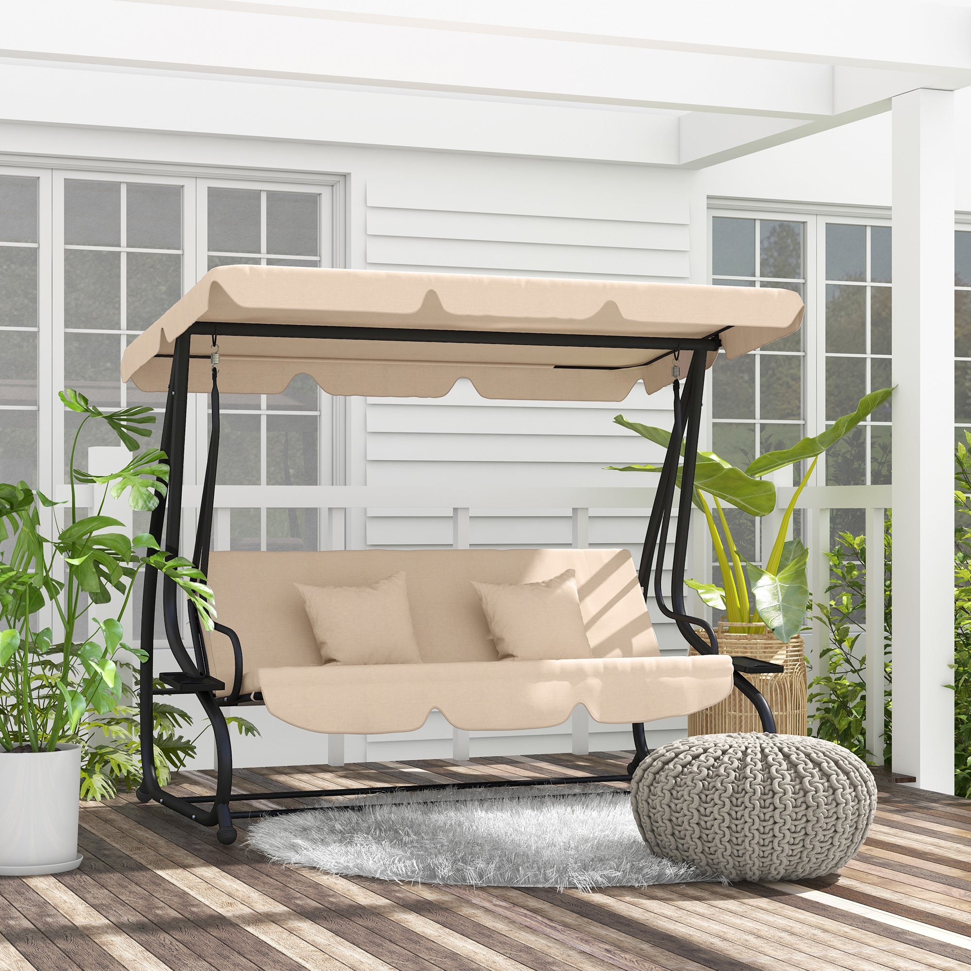 Outsunny 3-Seat Outdoor Patio Swing Chair, Converting Flat Bed, Canopy Swing with Adjustable Shade, Removable Cushions, Cup Holder, Light Brown