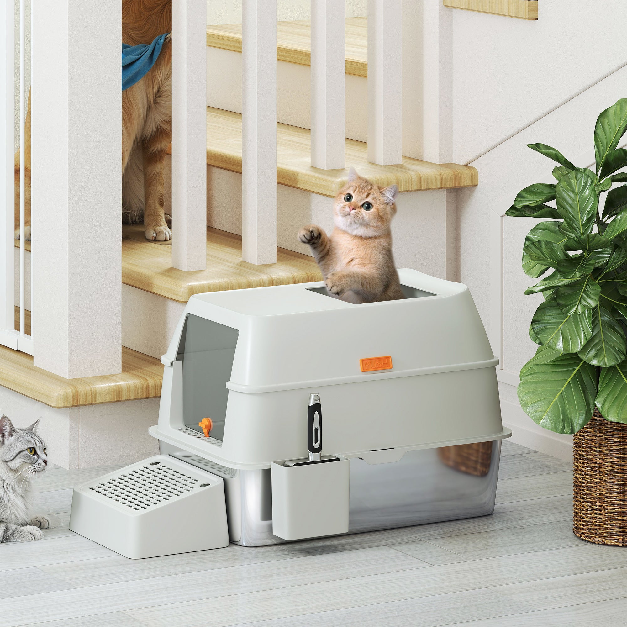 PawHut Stainless Steel Cat Litter Box with Lid, High Sided, Scoop, Easy Clean, Non-Sticky & Anti-Leakage, Light Grey