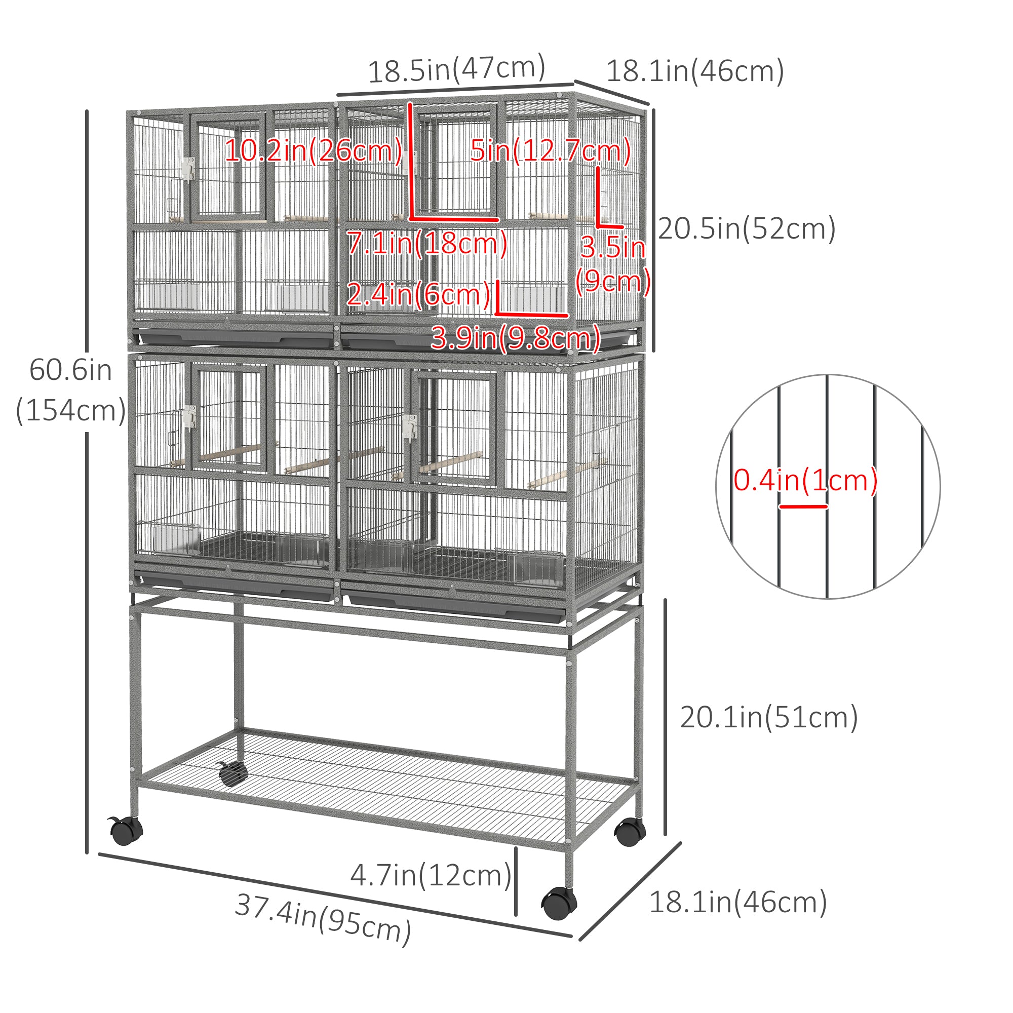 PawHut 61"H Divided Breeder Bird Cage with Rolling Stand Removable Metal Tray, Storage Shelf, Wood Perch, and Food Container, Dark Grey