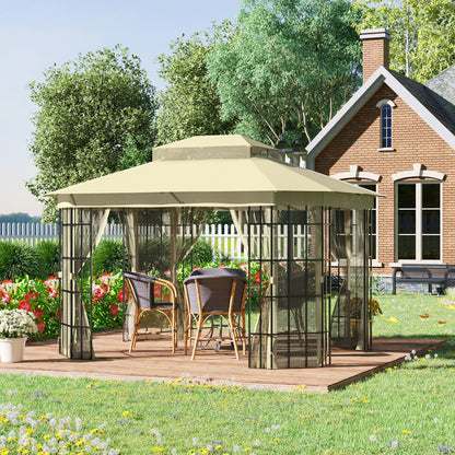 Outsunny 12'x10' Soft-top Patio Gazebo Canopy Steel Gazebo with Double Vented Roof, Mosquito Netting, Beige