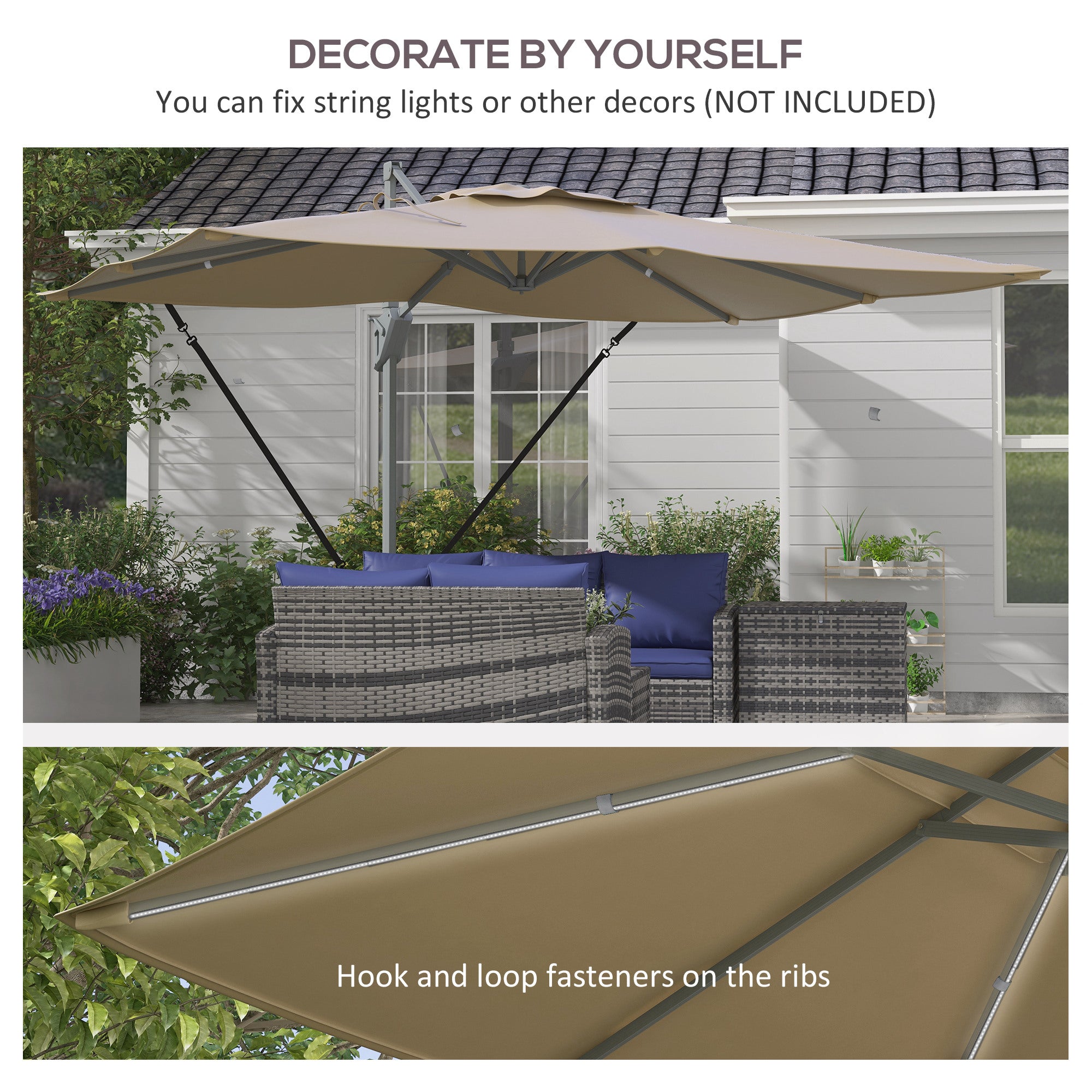 Outsunny 13 FT Cantilever Umbrella, Aluminum Hanging Offset Umbrella with 360°Rotation, Crank, Tilt, Cross Base, Khaki