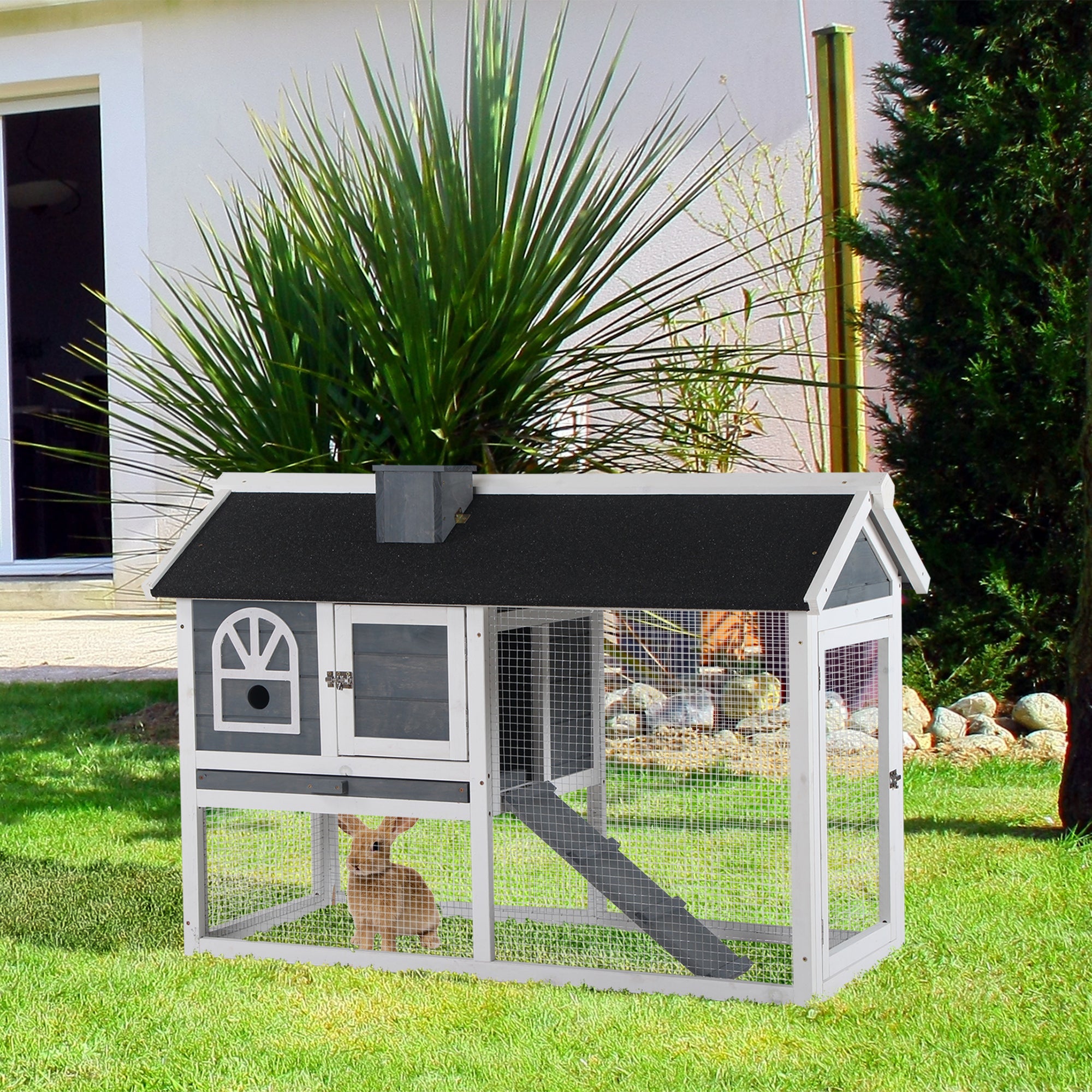 PawHut Wooden Rabbit Hutch with Run, Tray, Ramp, Asphalt Roof, Grey