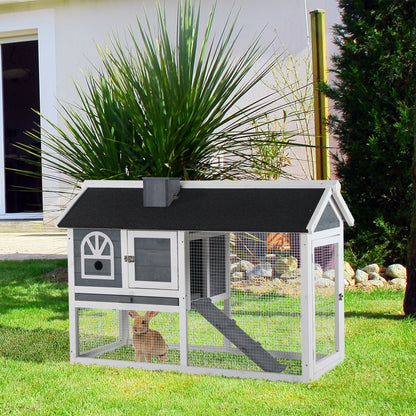 PawHut Wooden Rabbit Hutch with Run, Tray, Ramp, Asphalt Roof, Grey