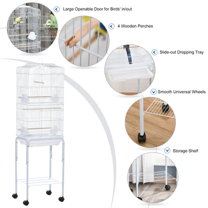 PawHut 62" Rolling Bird Cage Cockatoo House Play Top Finch Pet Supply with Storage Shelf, Wheels - White