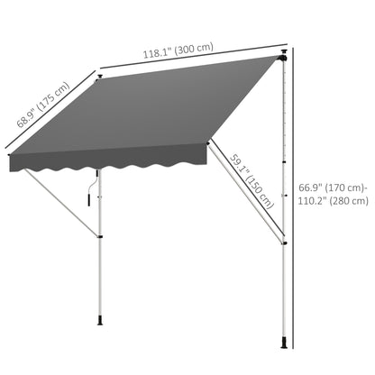 Outsunny 10x5ft Manual Retractable Awning, Patio Sun Shade Canopy Shelter with 5.6-9.2ft Support Pole, Water Resistant UV Protector, for Window, Door, Porch, Deck, Grey