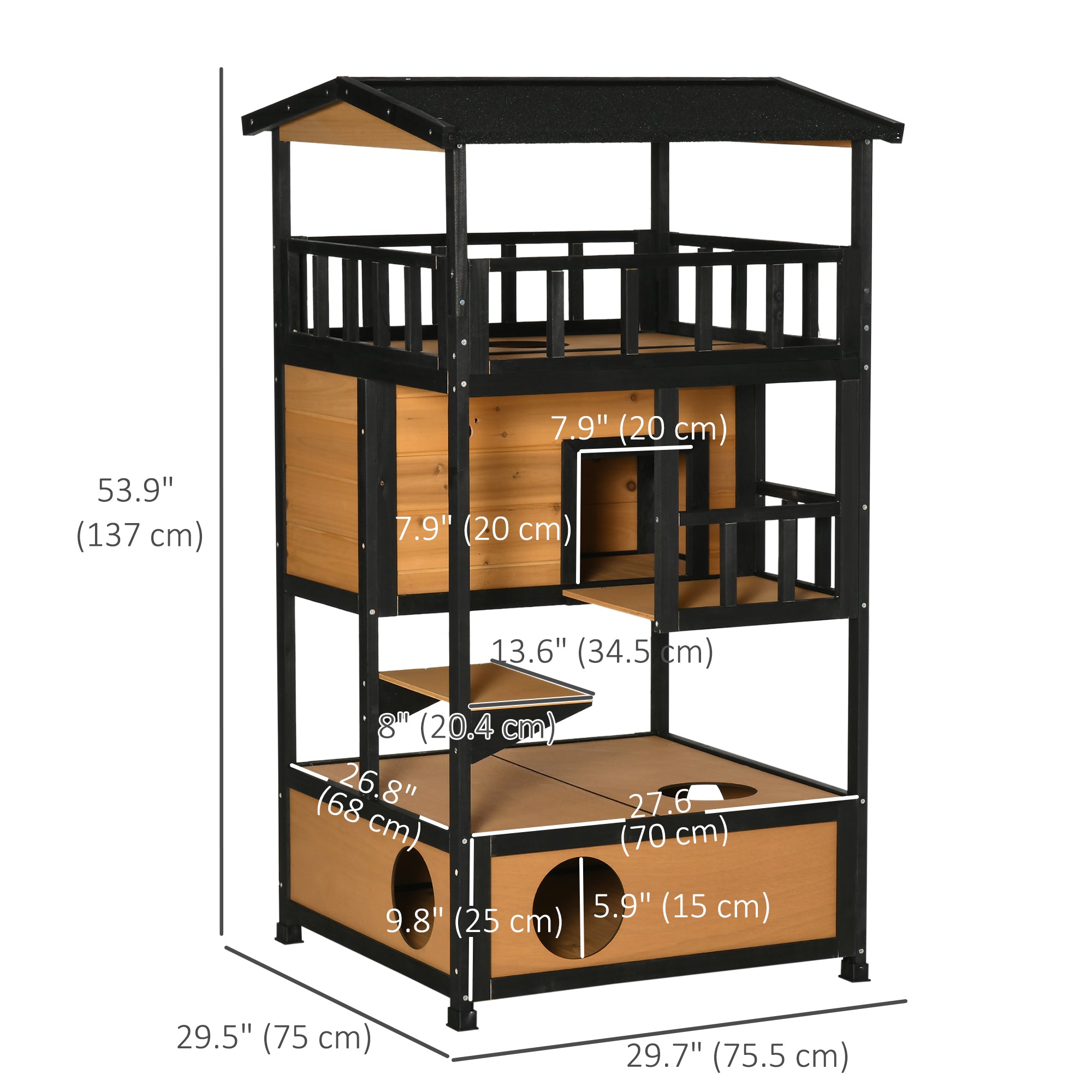 PawHut 4-Floor Wood Outdoor Cat House Catio for Cats with Condo, Fun Entrances, Perch, Natural