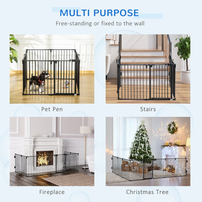 PawHut Dog Safety Gate 8-Panel Playpen Fireplace Christmas Tree Steel Fence Stair Barrier Room Divider Black
