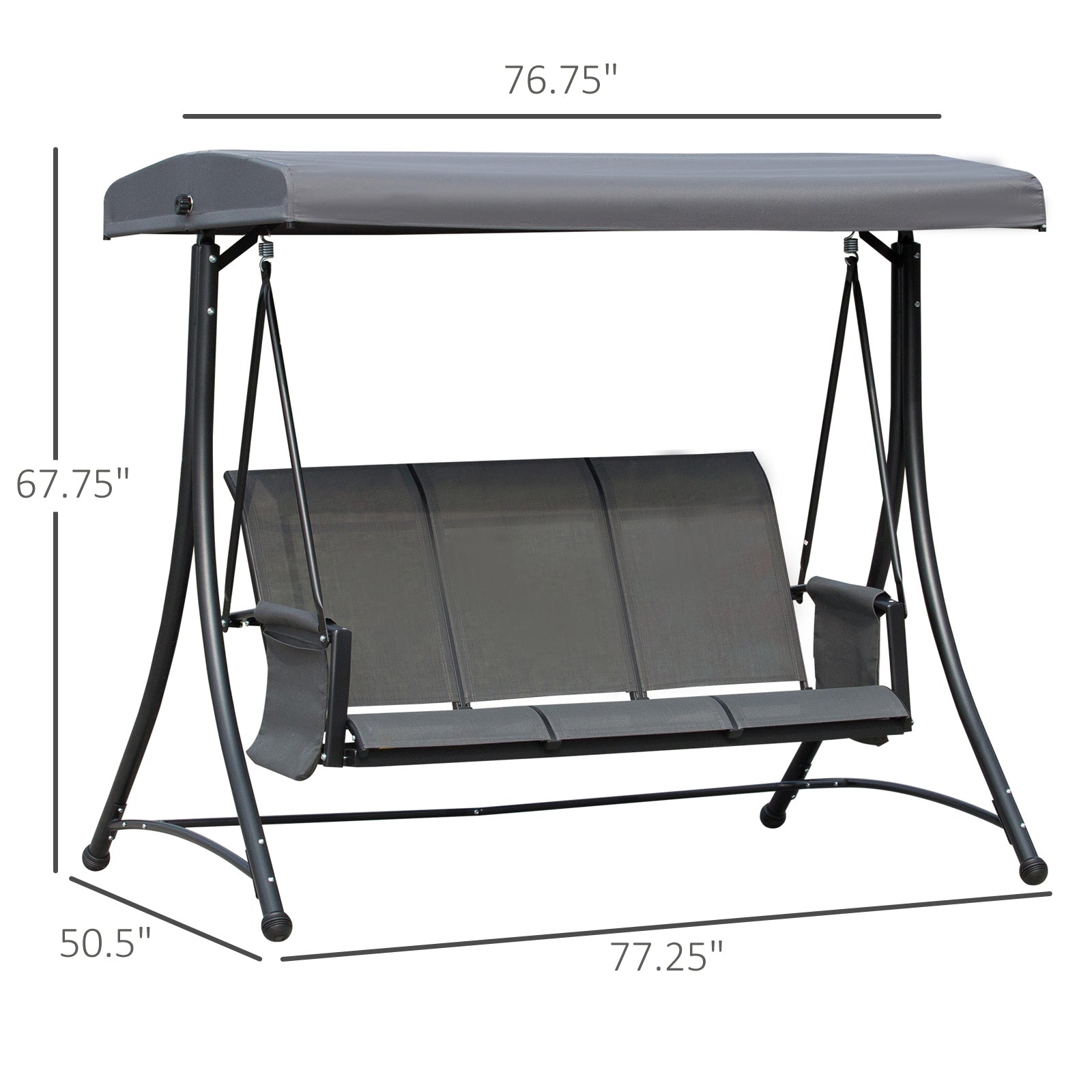 Outsunny 3 Person Porch Swing Outdoor Swing Chair with High Back Design, Side Pouches and Adjustable Canopy, Dark Grey