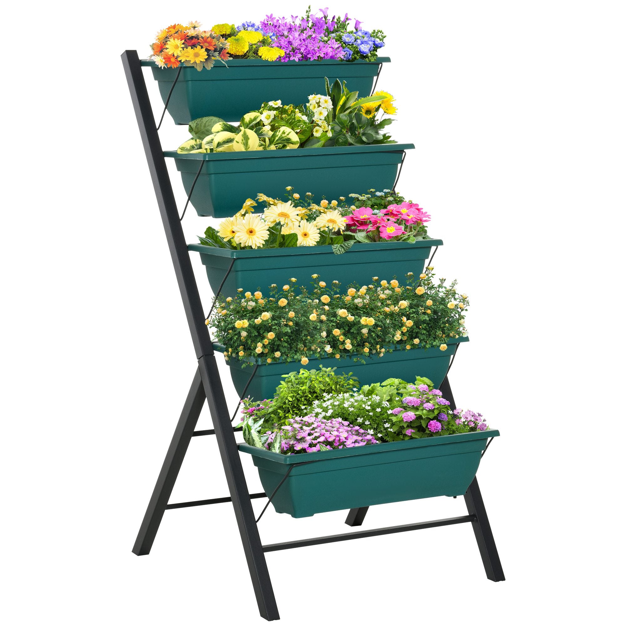 Outsunny 5-Tier Raised Garden Bed with 5 Planter Box, Outdoor Plant Stand Grow Containers with Leaking Holes for Balcony Patio Outdoor, Green