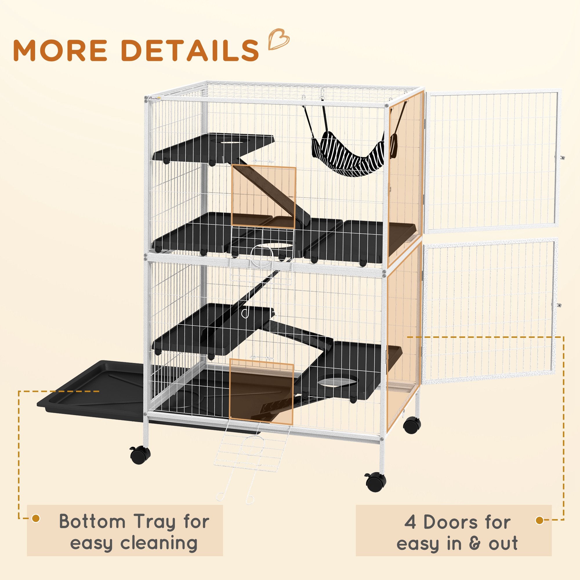 PawHut 5-Tier Rolling Small Animal Cage, Deluxe Guinea Pig Cage, Ferret Cage for Mink Chinchilla Kitten Rabbit, Light Grey