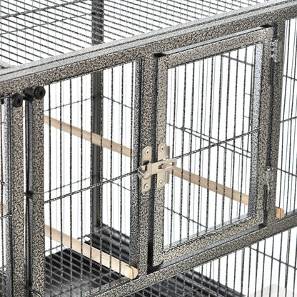PawHut Large Double Rolling Metal Bird Cage Bird House w/ Removable Tray Storage Shelf