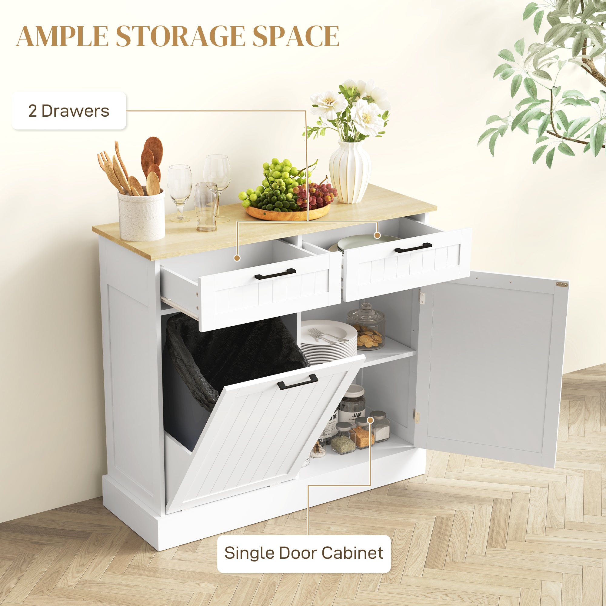 HOMCOM 10 Gallon Hidden Garbage Bin Cabinet, Tilt Out Trash Cabinet w/ 2 Drawers, Freestanding Kitchen Island, White