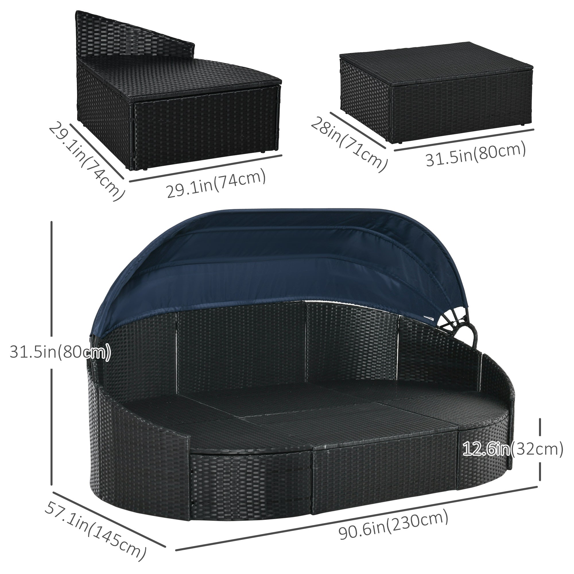 Outsunny 4 Pieces Patio PE Wicker Round Daybed, Outdoor Rattan Garden Lounge Furniture Sets, Dark Blue