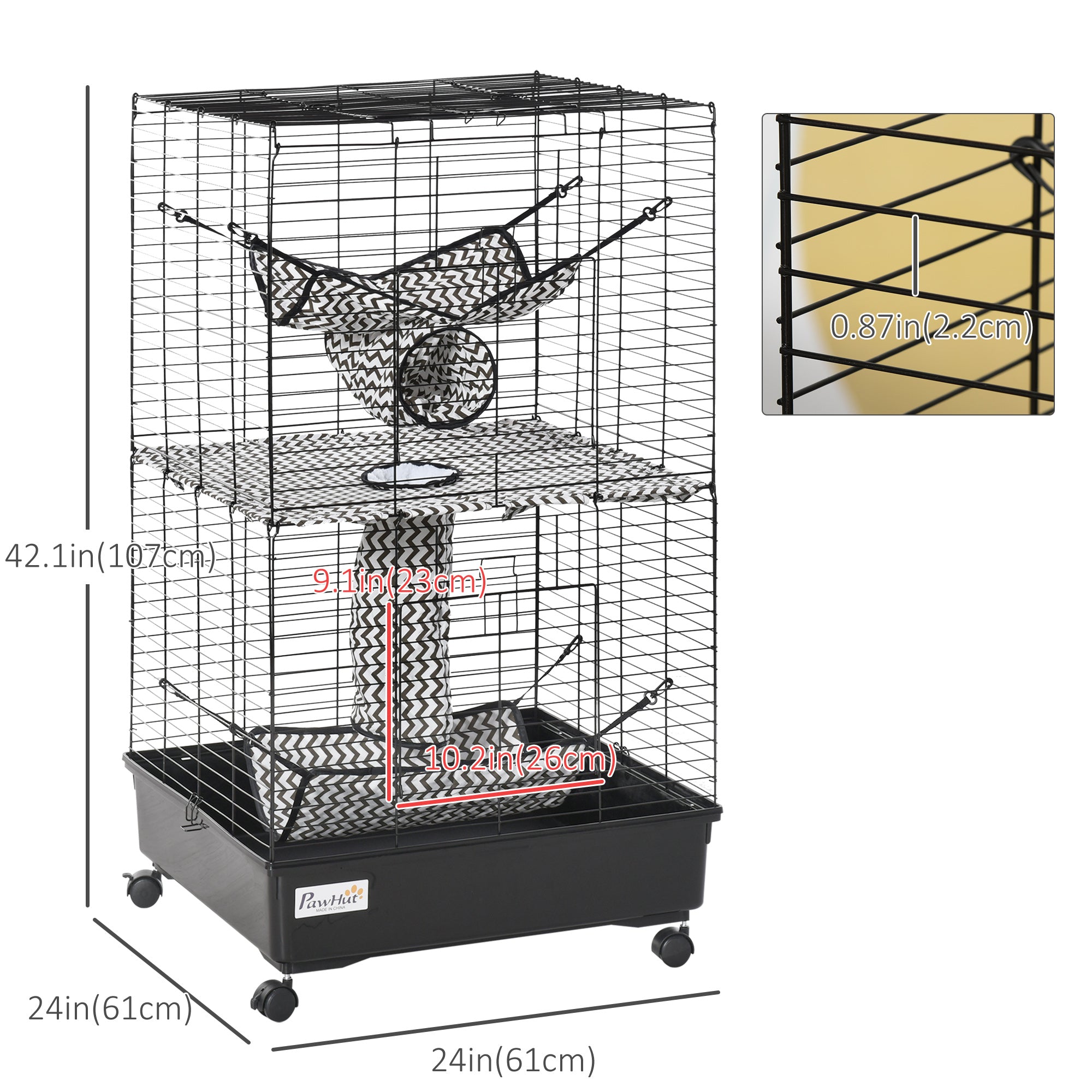 PawHut Small Animal Cage Ferret Cage with Wheels Hammocks Tunnels and 3 Doors Black