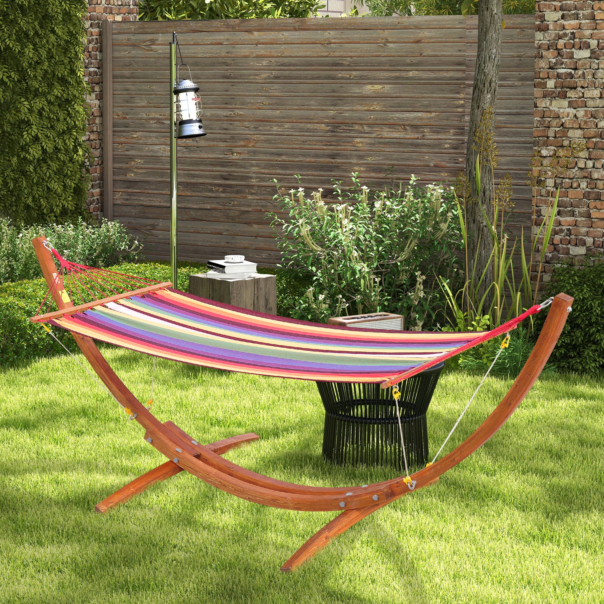 Outsunny 10' Outdoor Swing Hammock, Hammock with Wood Stand Rainbow Bed, Heavy Duty Roman Arc Hammock for Patio, Backyard, Balcony, Porch, Multi Color