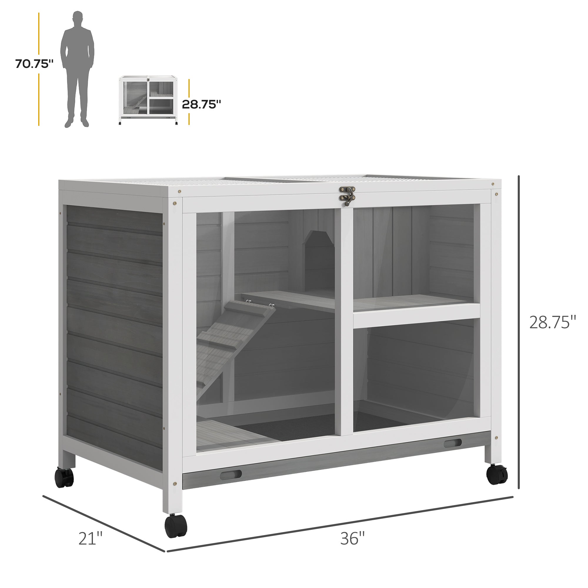 PawHut Indoor Rabbit Hutch with Wheels, Bunny Cage Guinea Pig House W/ Top Access, Ramp, Pull Out Tray, Grey