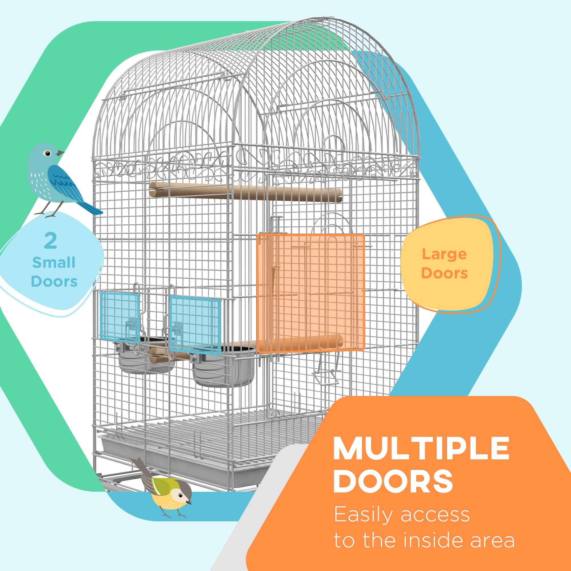 PawHut Play Open Top Bird Cage 60" Parrot Cage for Cockatiel, Sun Conure with Rolling Stand, Removable Tray, Perches, Storage Shelf White, 20.1" x 20.1"