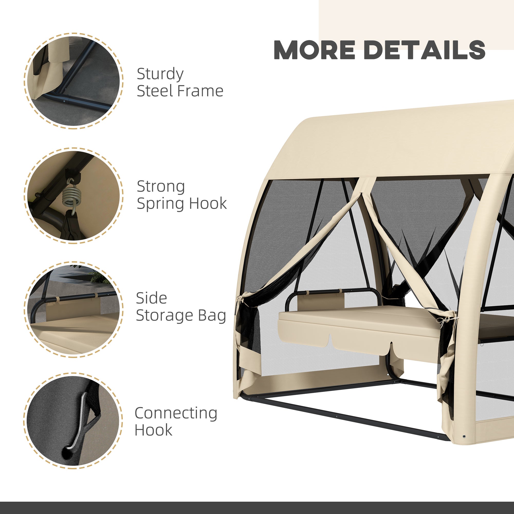 Outsunny 3-Seater Outdoor Swing Chair Chaise Lounger Bed Garden Hammock with Steel Stand, Canopy Netting Walls, Beige