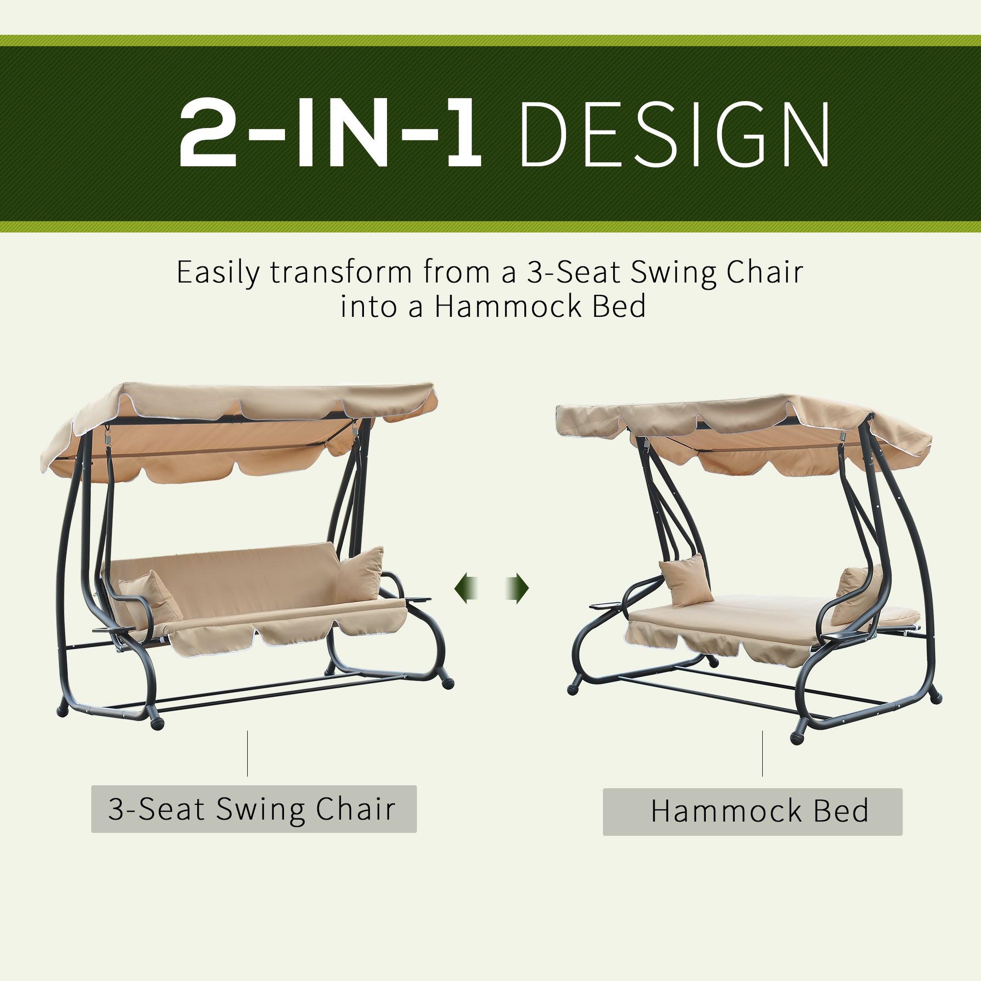 Outsunny 3-Seat Outdoor Patio Swing Chair, Converting Flat Bed, Canopy Swing with Adjustable Shade, Removable Cushions, Cup Holder, Beige