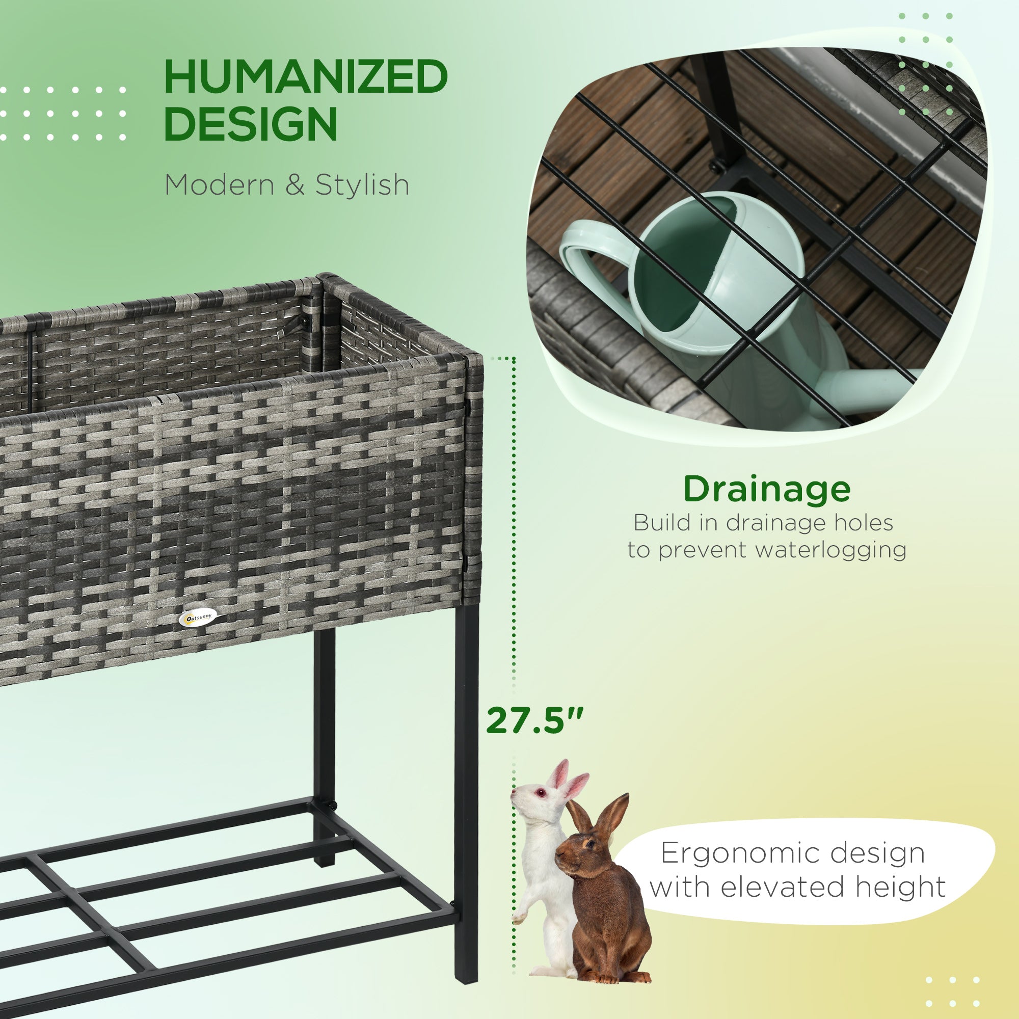 Outsunny Rattan Raised Garden Boxes, Elevated Flower Beds with Storage Shelf for Herbs, Flowers, Vegetables, Mixed Grey