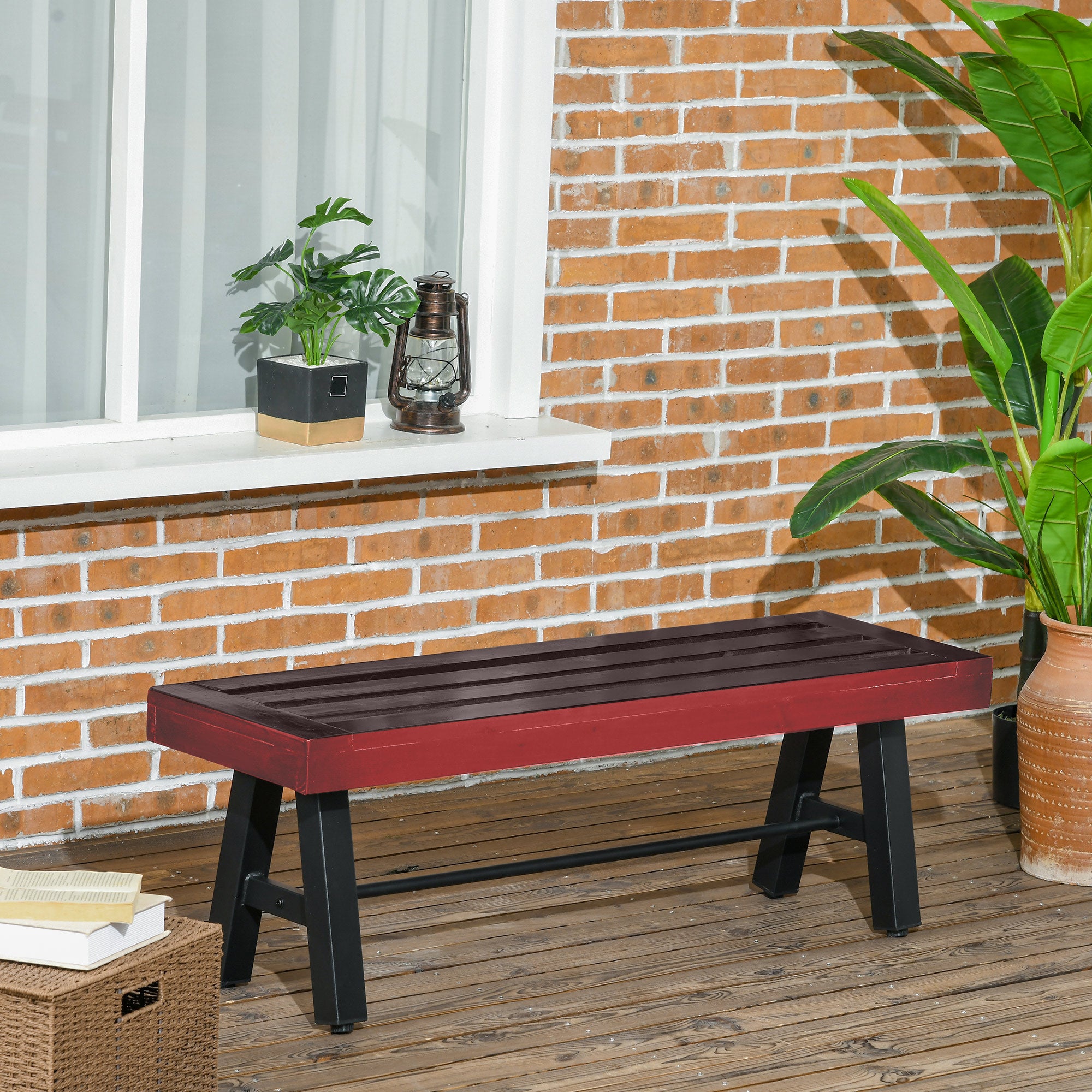 Outsunny Patio Wooden Bench, Outdoor Garden Bench with Slatted Seat, Front Porch Loveseat for Conservatory, Garden, Poolside, Deck, Brown
