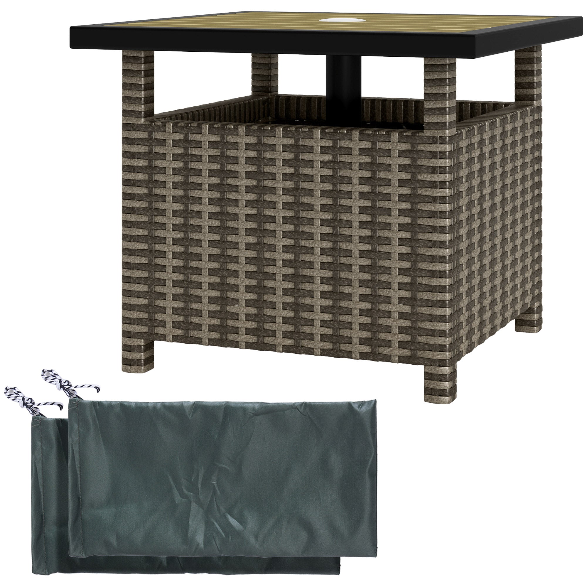 Outsunny 22" Square Steel PE Rattan Wicker Table With Umbrella Hole, Outdoor Patio Accent Dining Side Table Used as Umbrella Stand, Mixed-Grey