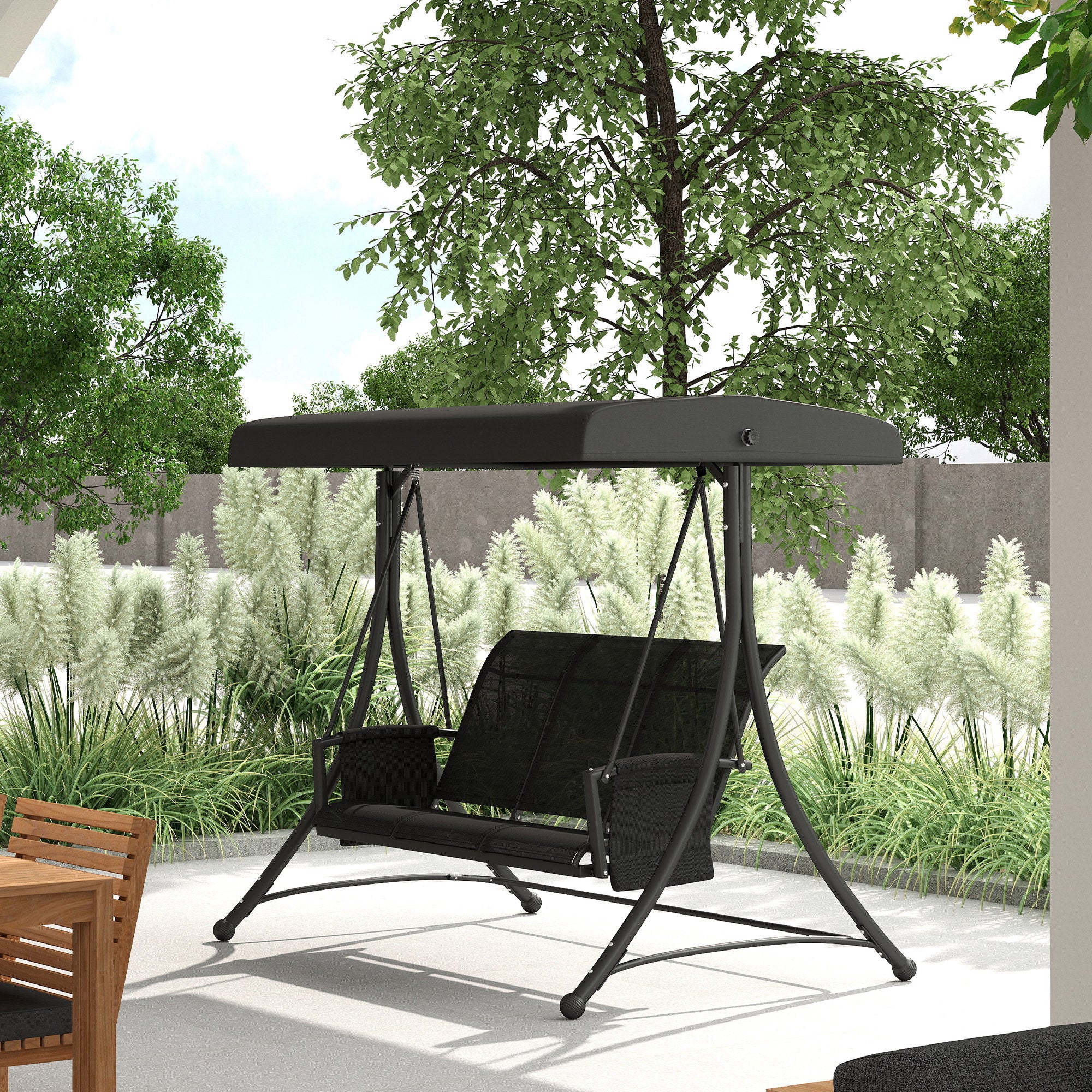Outsunny 3 Person Outdoor Porch Swing Chair with Adjustable Canopy, Black