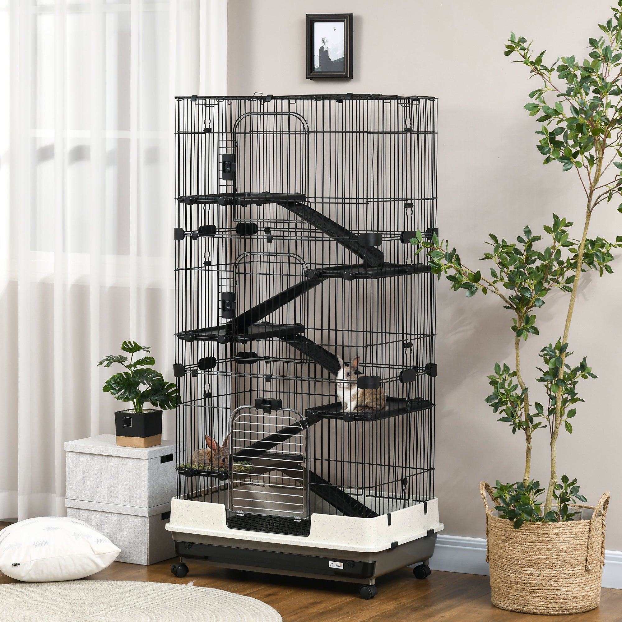 PawHut 63"H 6-Level Small Animal Cage Rabbit Hutch with Universal Lockable Wheels, Slide-Out Tray for Bunny, Chinchillas, Ferret, Black