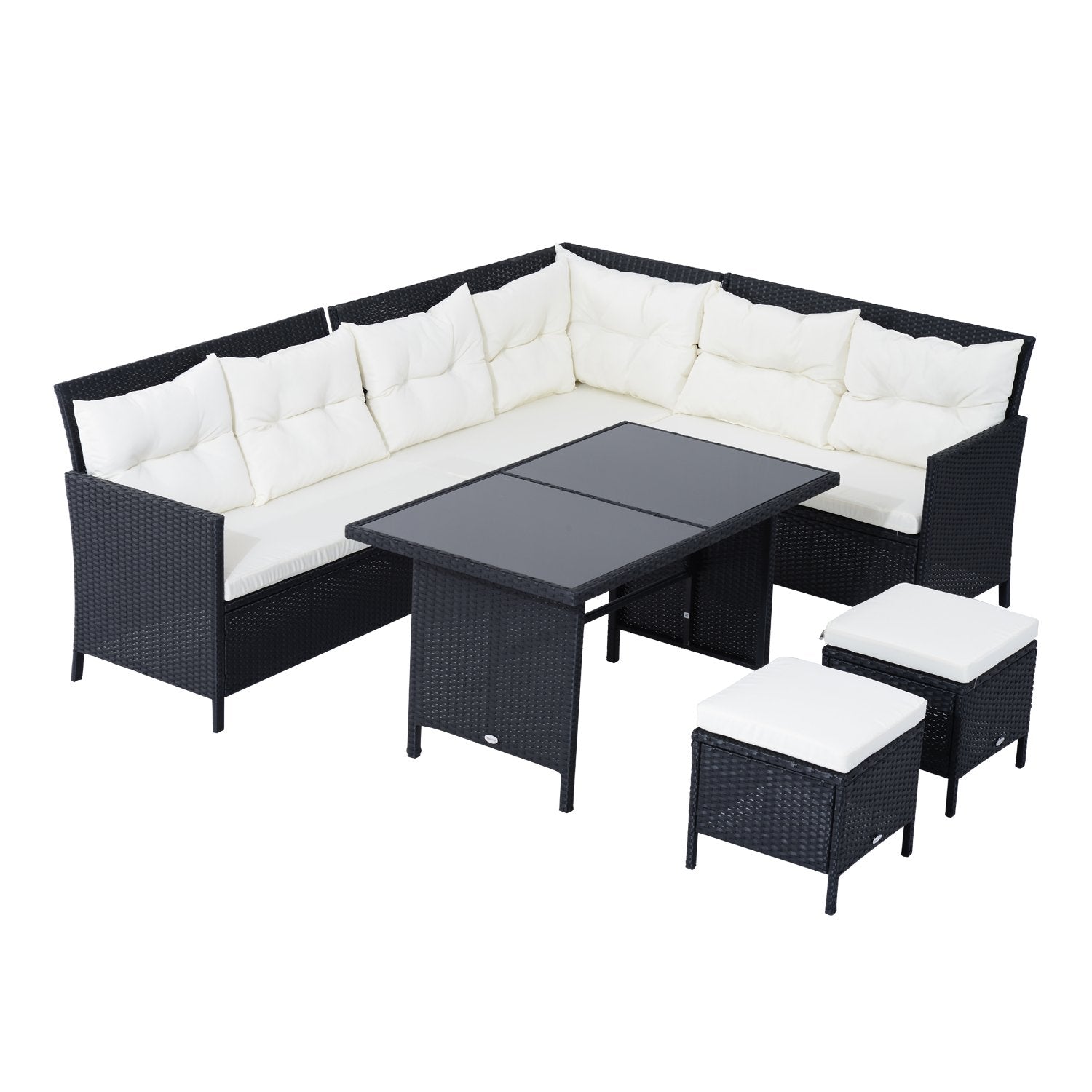 Outsunny 6pcs Outdoor Rattan Sofa Set Garden Wicker Sectional Couch Furniture Set with Dining Table and Chair White