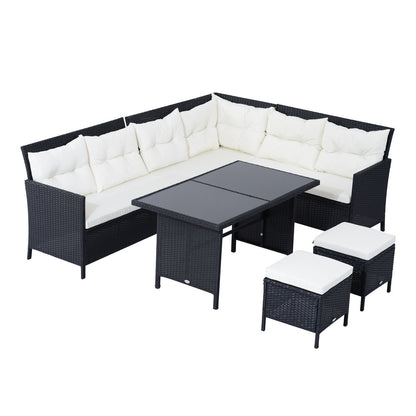 Outsunny 6pcs Outdoor Rattan Sofa Set Garden Wicker Sectional Couch Furniture Set with Dining Table and Chair White