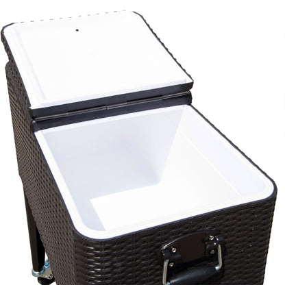 Outsunny 80 Quart Rattan Rolling Cooler Cart Portable Patio Ice Beer Beverage Cooling Bin for Outdoor Party w/ Bottle Opener, Brown Wicker