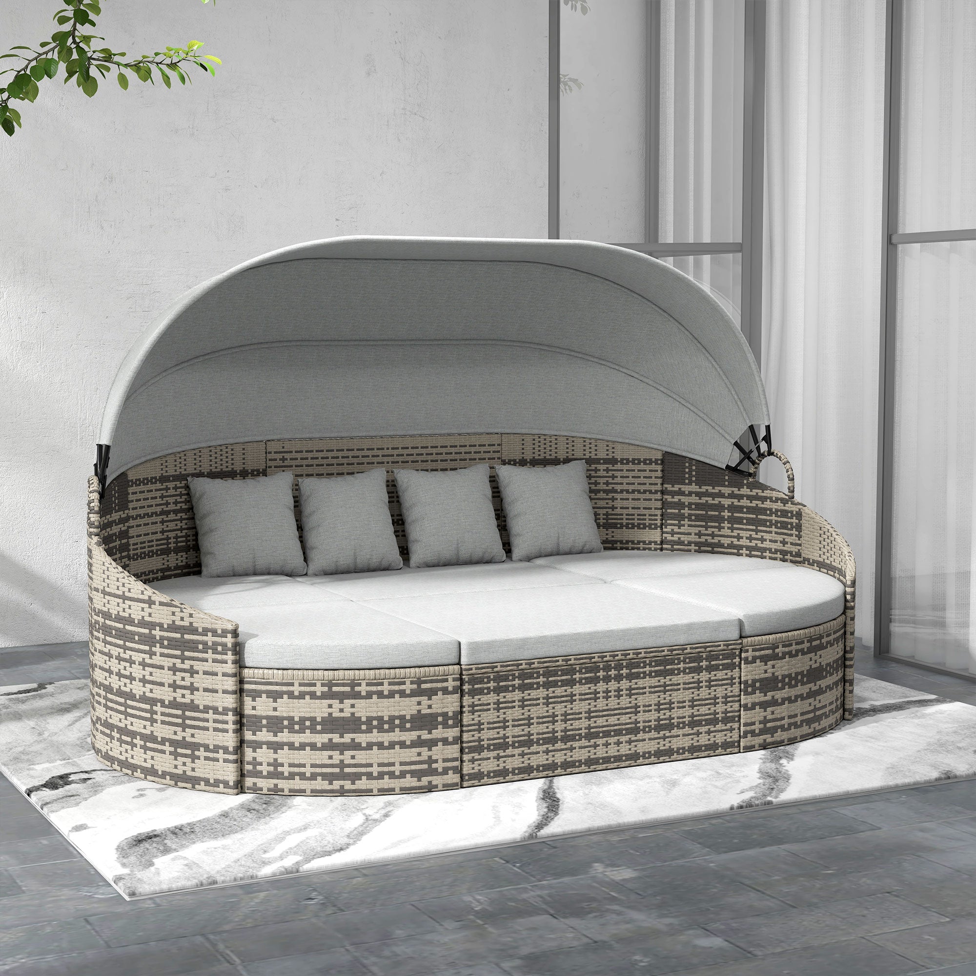 Outsunny 4 Pieces Patio PE Wicker Round Daybed, Outdoor Rattan Garden Lounge Furniture Sets, Light Grey
