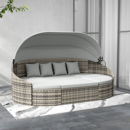 Outsunny 4 Pieces Patio PE Wicker Round Daybed, Outdoor Rattan Garden Lounge Furniture Sets, Light Grey