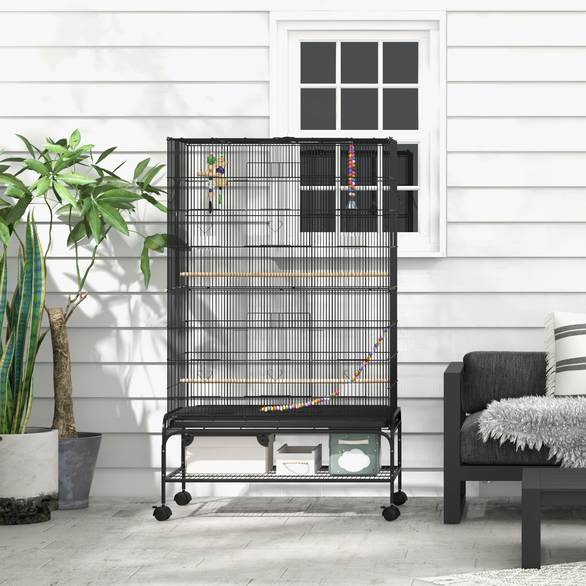 PawHut 63" Bird Cage w/ Open Top for Budgies, Cockatiels, Lovebirds Finches, Stand, Toys, Removable Tray, Storage Shelf