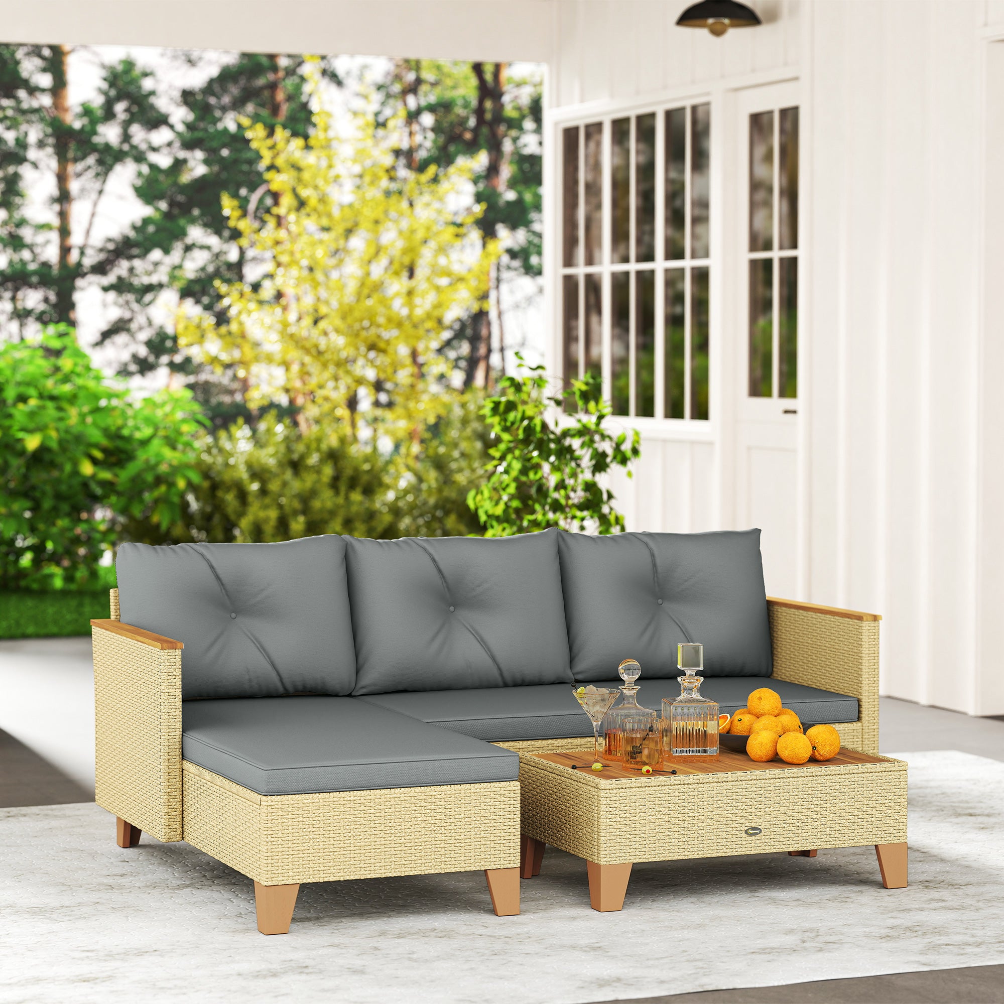 Outsunny 3 Piece Patio Furniture Set, L-Shaped Outdoor Furniture Conversation Set with Wood Top Coffee Table, Light Grey