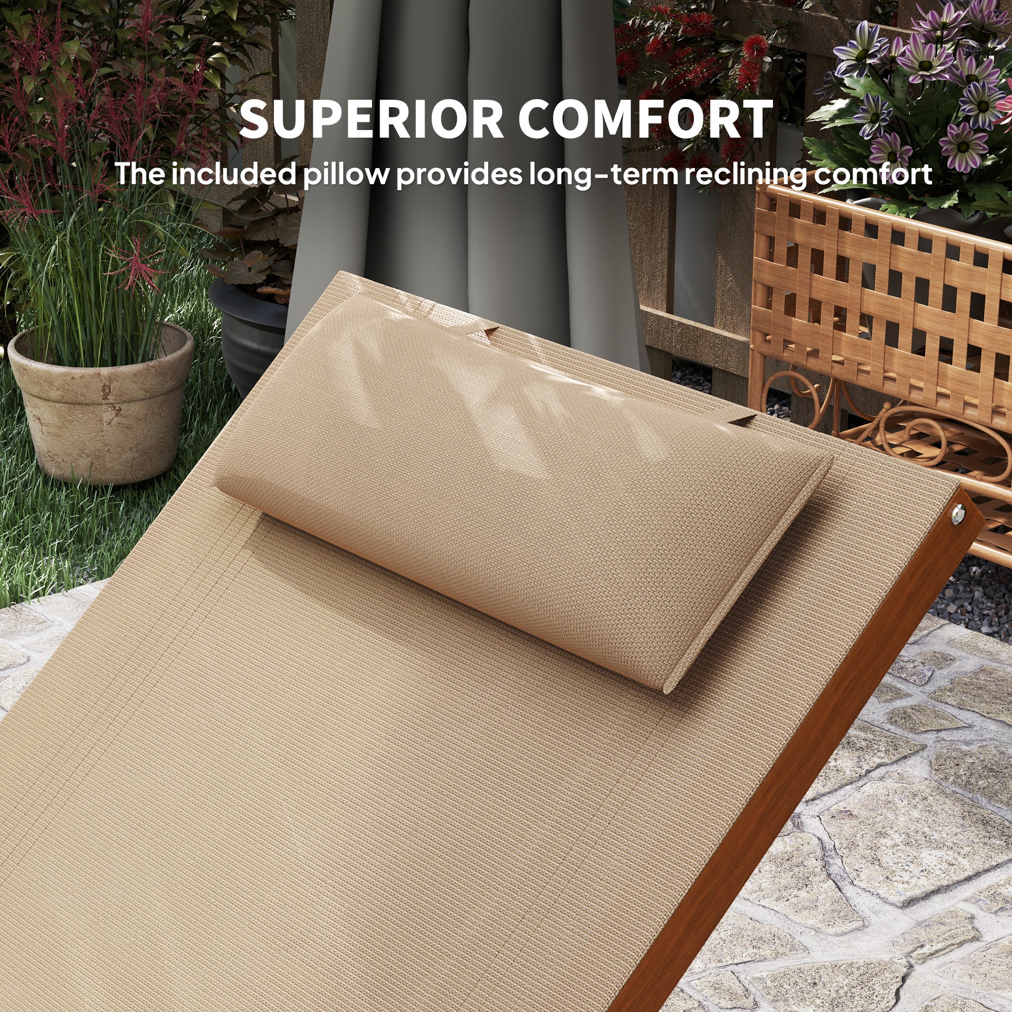Outsunny Outdoor Wood Chaise Lounge Chair Recliner Patio Camping with Headrest, Teak & Light Khaki
