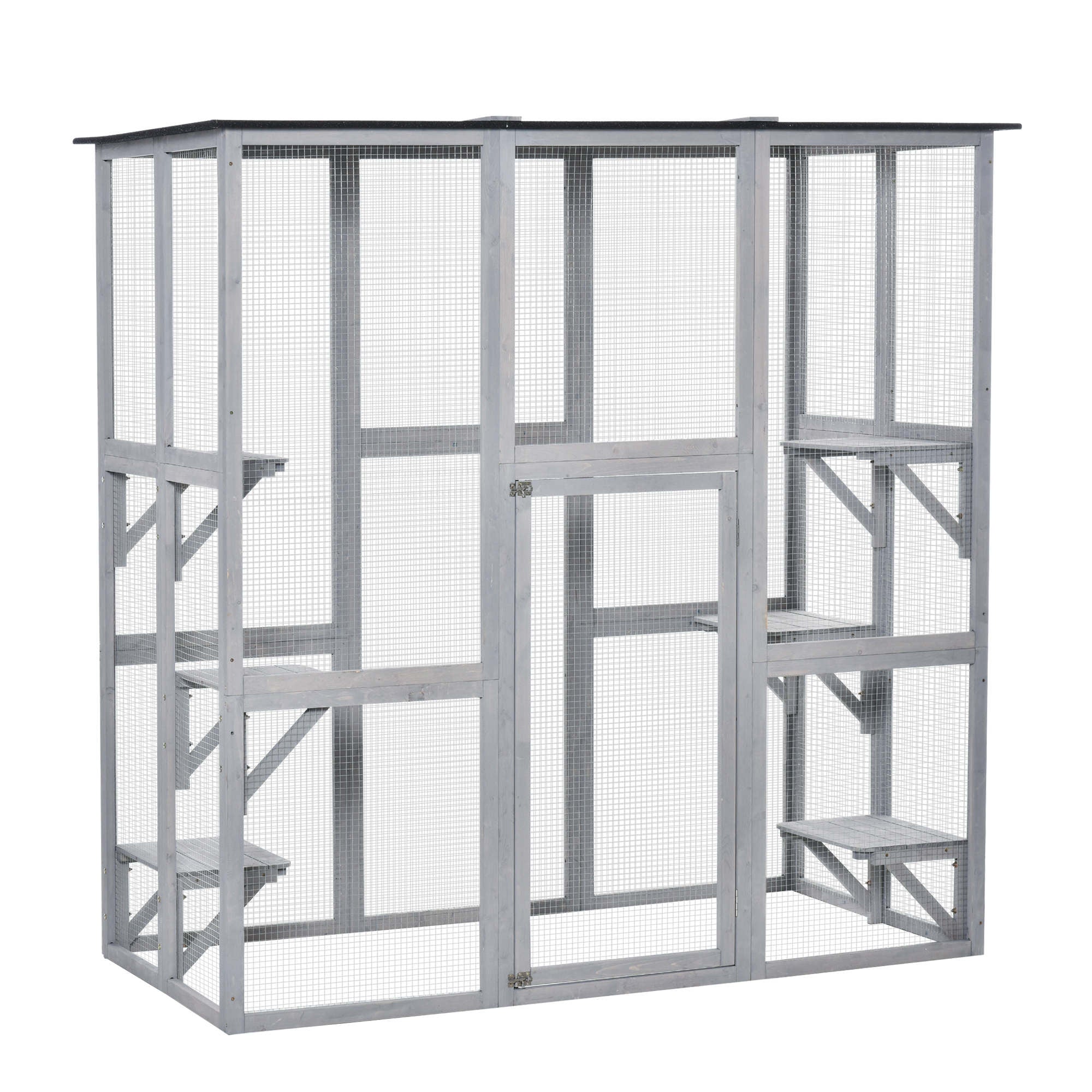PawHut Large Outdoor Catio Enclosure, Weatherproof Cat House with Asphalt Roof,  Wooden Cat Patio Cage with 6 Balanced Platforms, 71" x 39" x 71", Grey