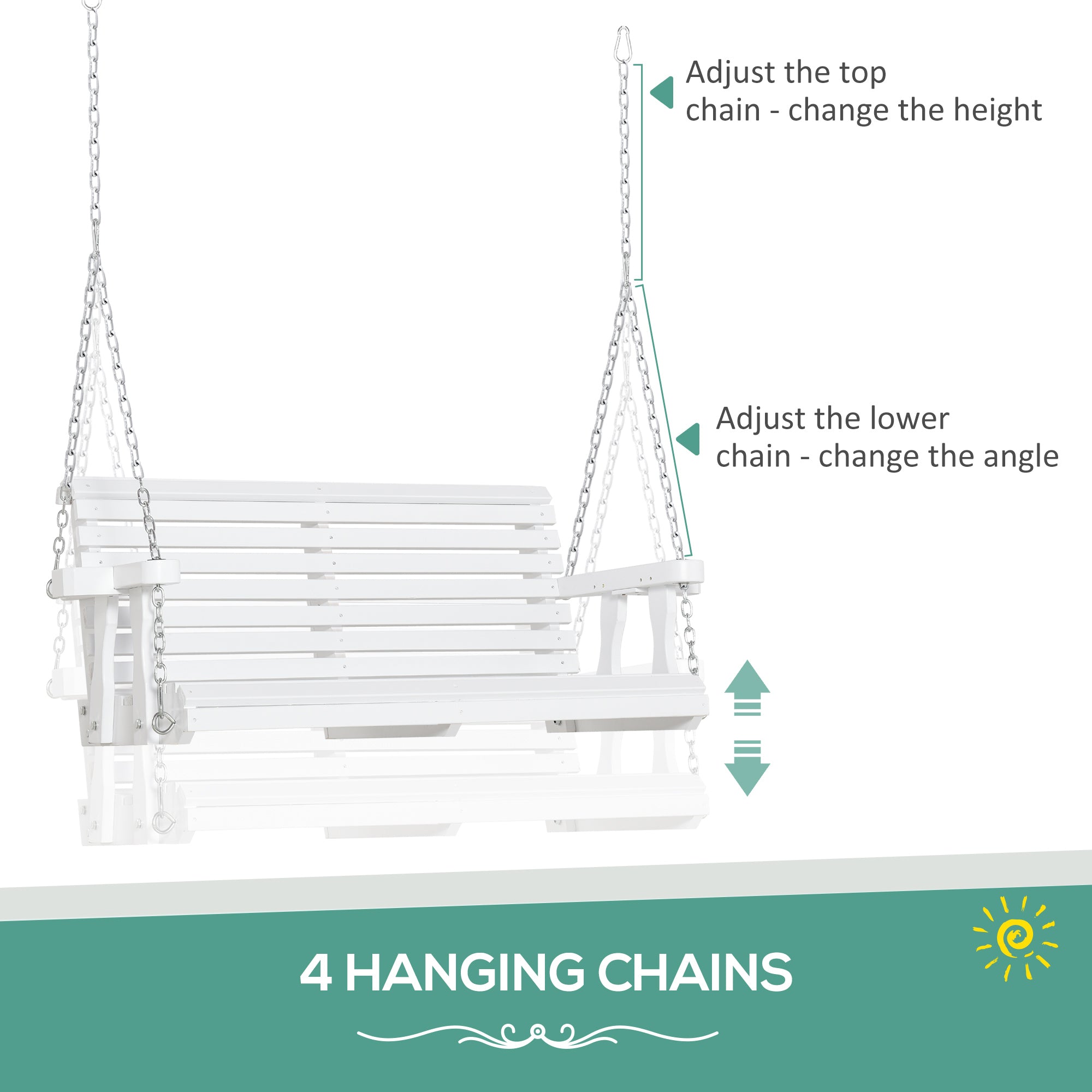 Outsunny 2 Seater Porch Swing Wooden Patio Swing Chair Seat with Cup Holder and Chains Outdoor Swing Bench for Garden Yard, White